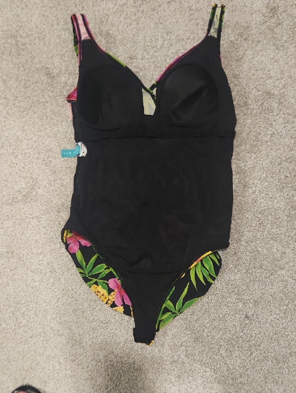 Tropical Floral One-Piece Swimsuit - Black with Pink & Yellow Flowers - Picture 4 of 10